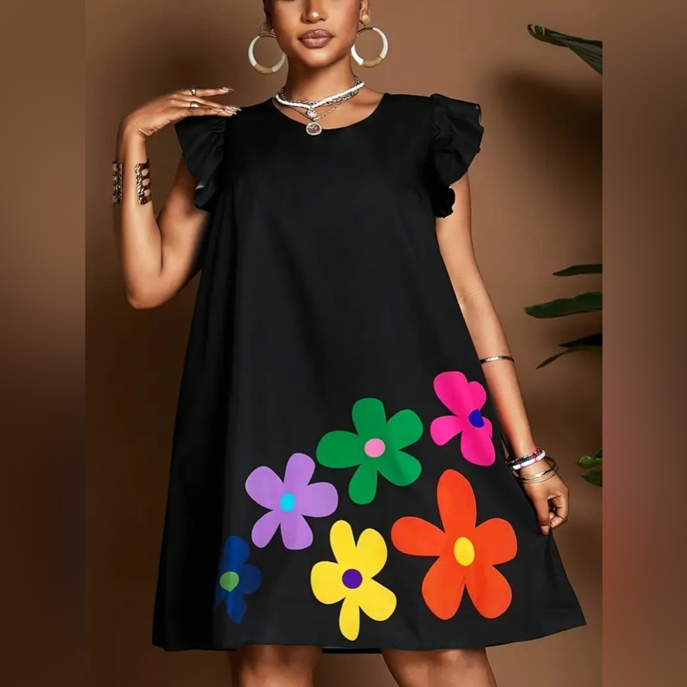 Passion of Essence Black Mini Dress with Colorful Floral Accents